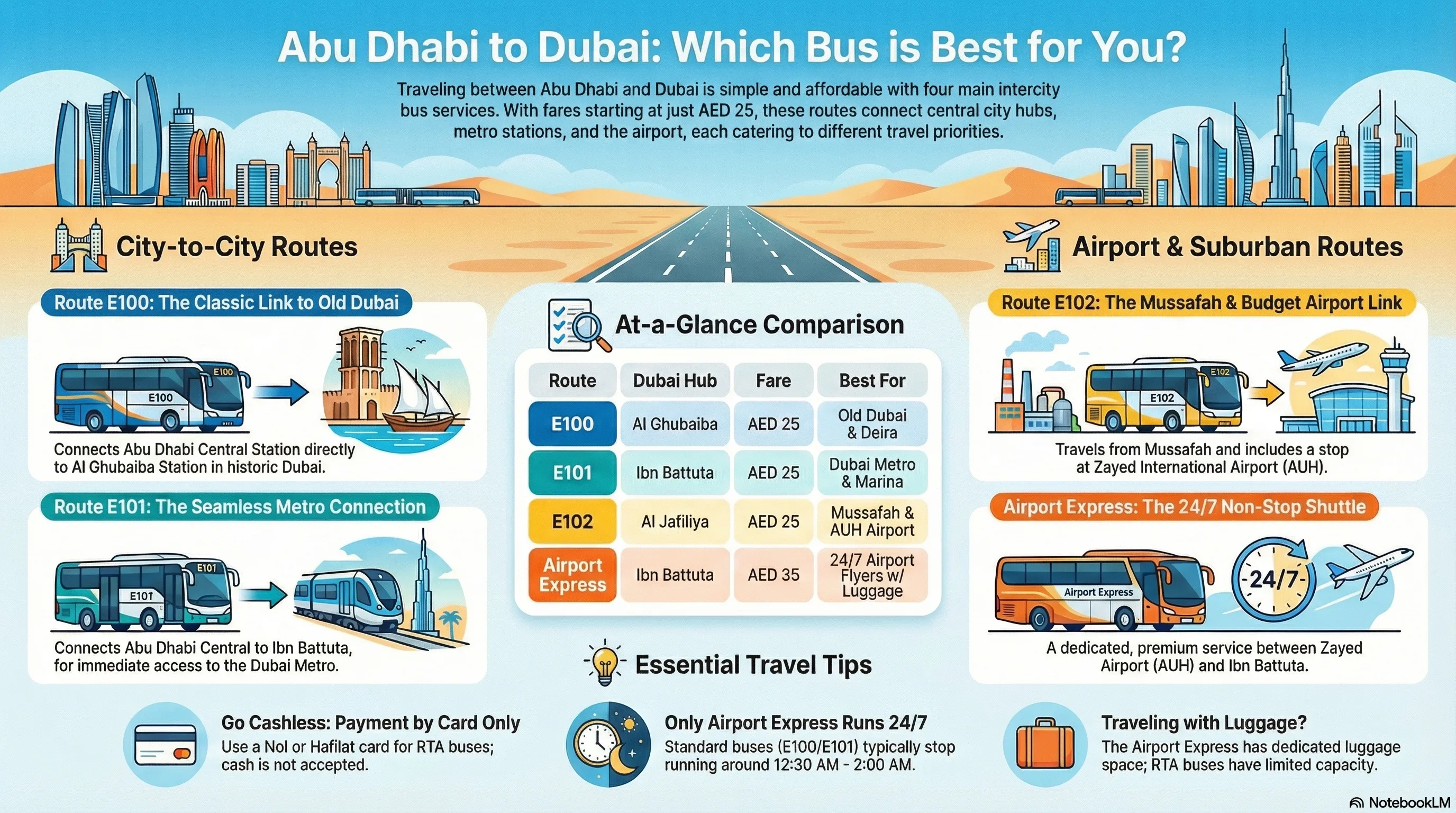Abu Dhabi to Dubai Bus Guide: E100, E101, E102 & Airport Express